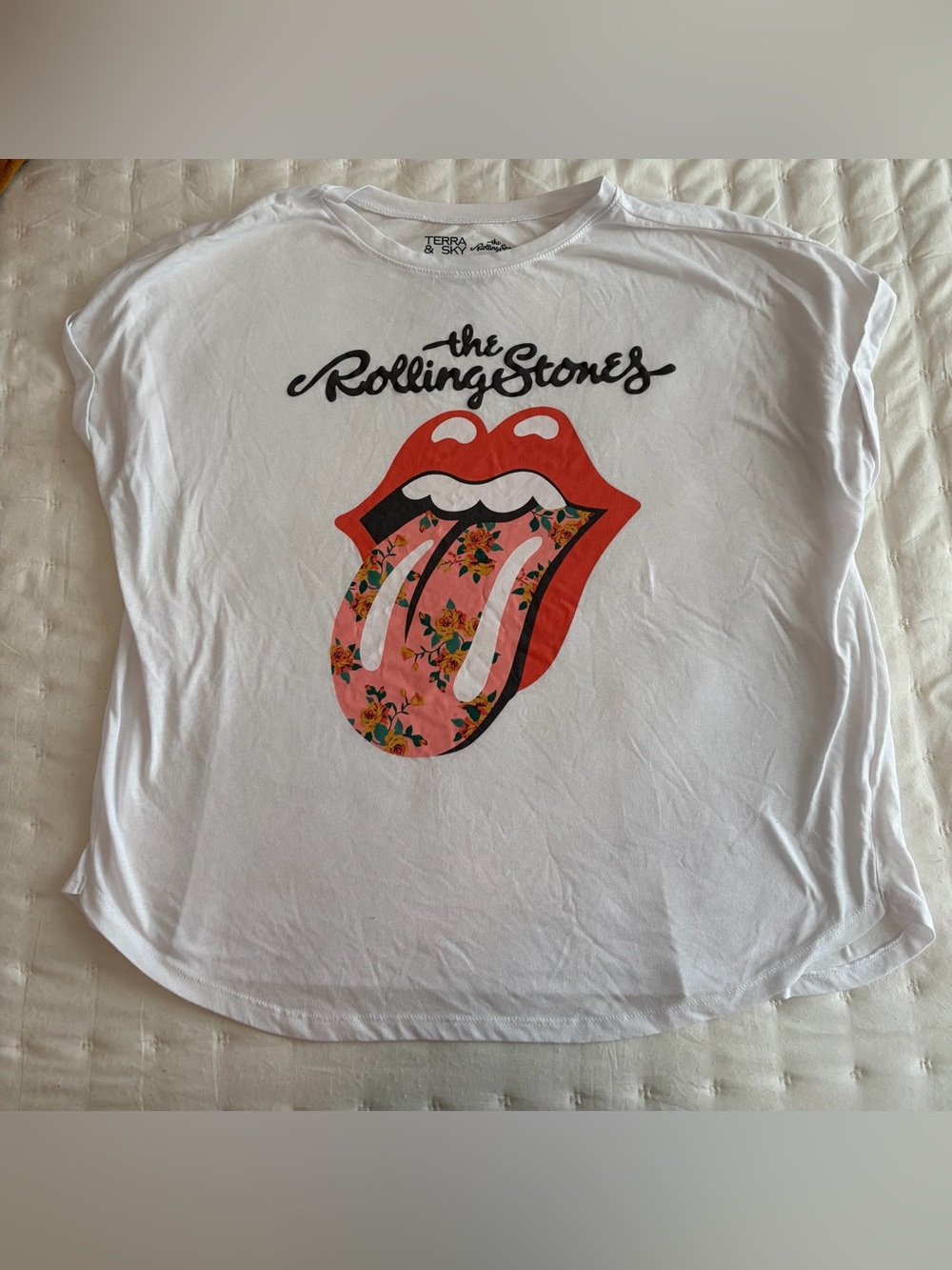 Terra & Sky White Tee with Red Lips and Pink Floral Tongue
